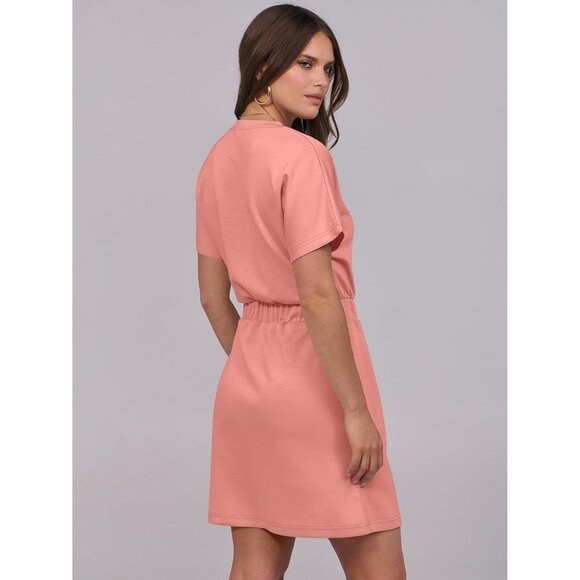 Anrabess Women Coral Crew Neck Elastic Waist Mini T Shirt Dress With Pocket - Picture 5 of 6